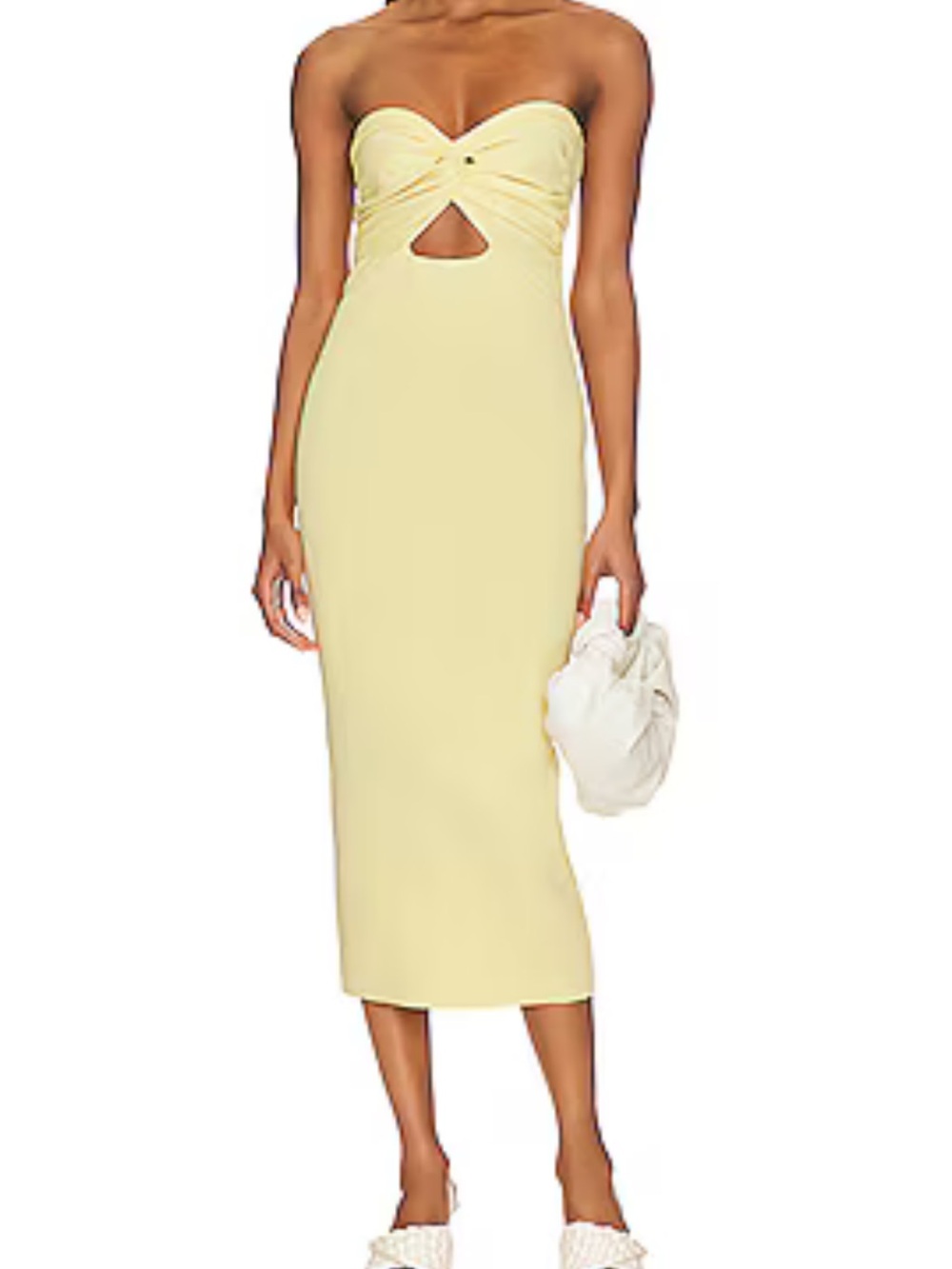 Strapless Twist Front Midi Dress in Soft Yellow
